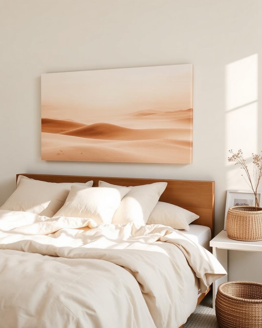 A custom-printed canvas hung above a serene bedroom interior