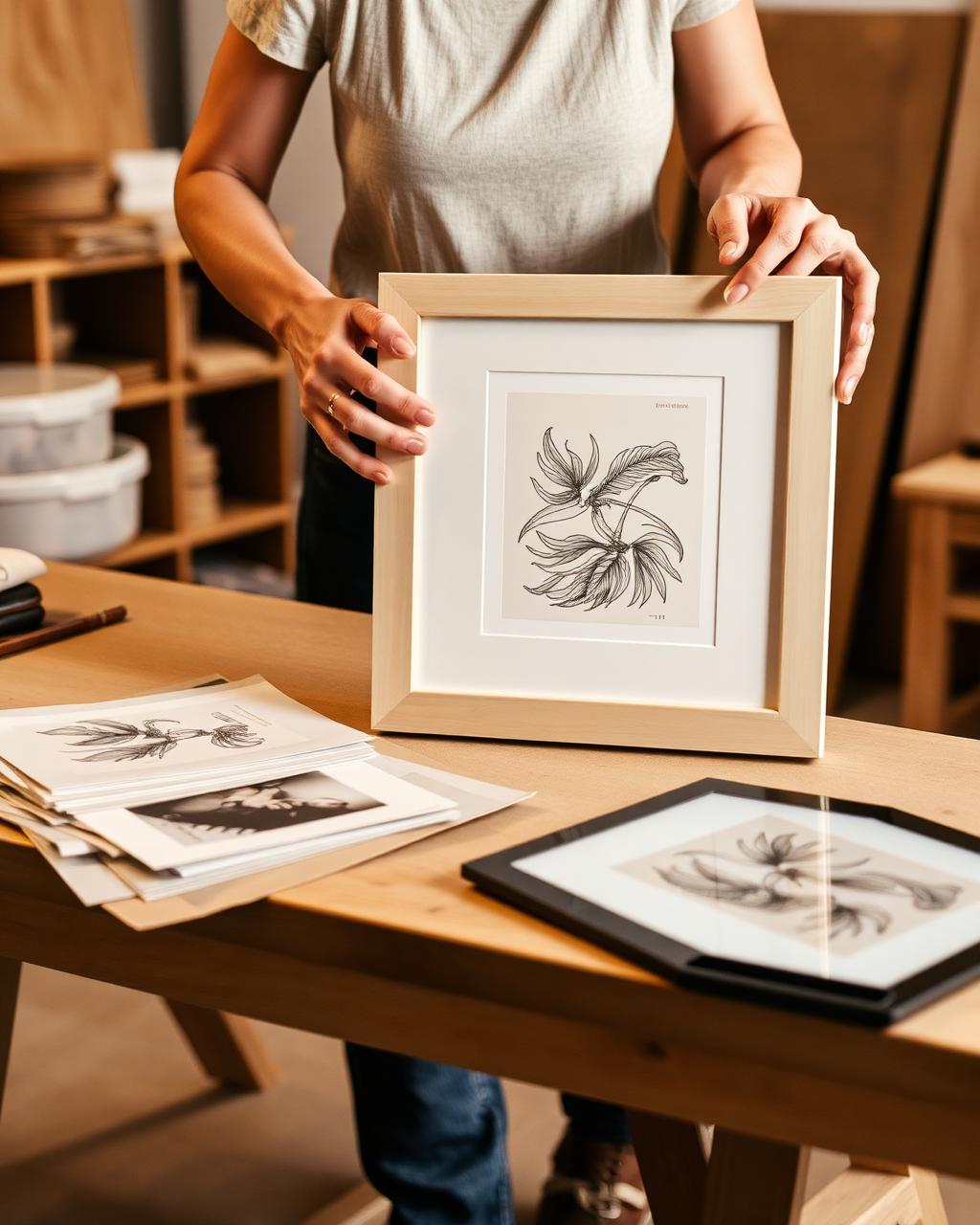 A SHOP CROOM designer preparing a custom-printed framed art piece in the studio